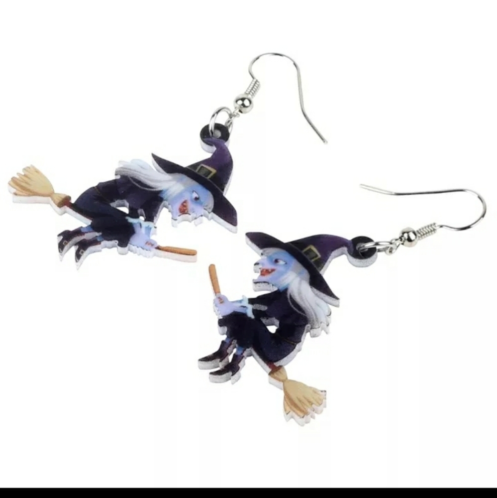 Acrylic Earrings:Cackling Flying Witch on a Broom - Picture 4 of 4